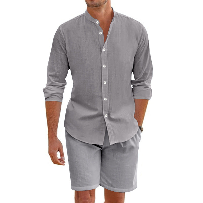 Herren Outfit-Set mit modernem Henley-Shirt und Shorts Sommer