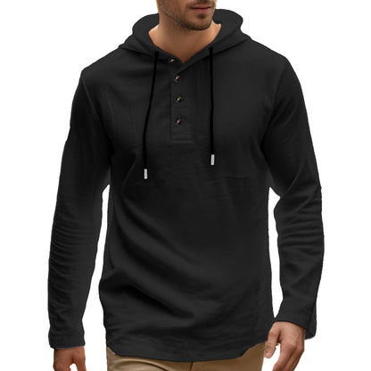 Herren Hoodie Langarm-Shirt mit Knöpfen und Taschen