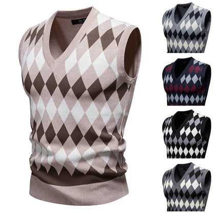 Herren Ärmelloser Pullover Rautenmuster V-Ausschnitt Modern - BerlinGlamour