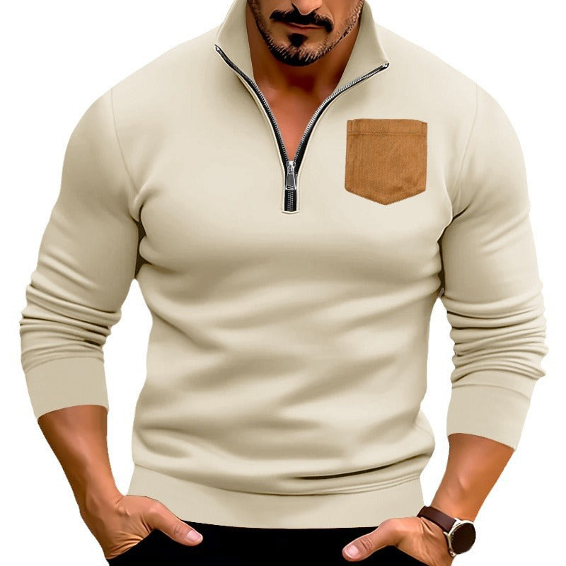 Herren Pullover Sportlich Halbzipper Kontrasttasche