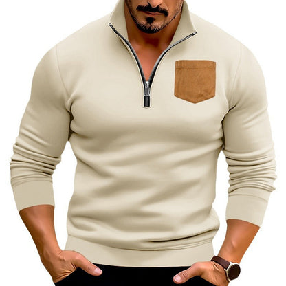 Herren Pullover Sportlich Halbzipper Kontrasttasche