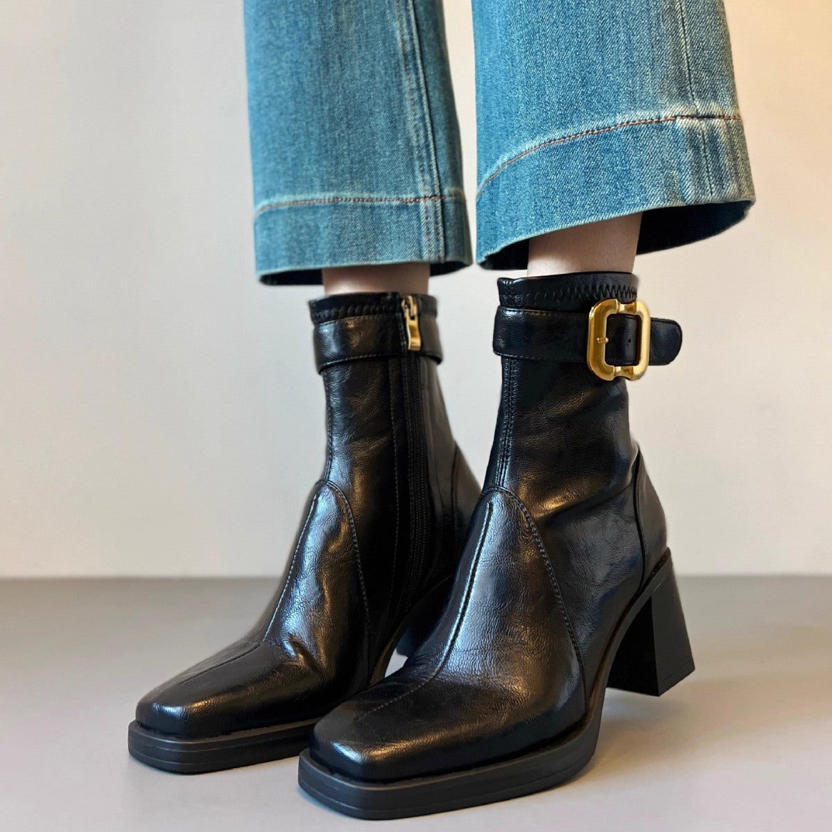Damen Stiefeletten Hoch Hacken Schnalle Modisch Elegante