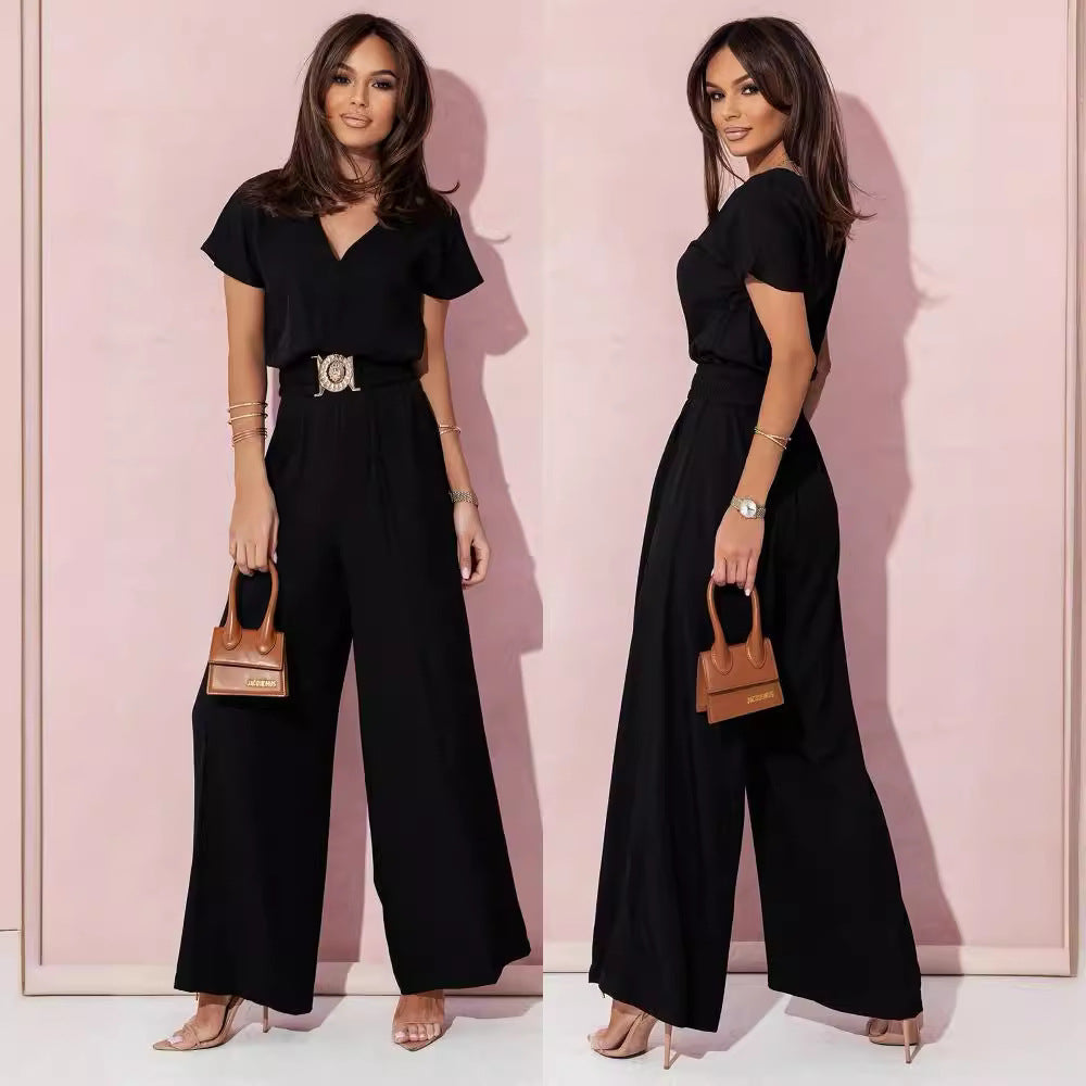 Damen Jumpsuit Weites Bein Gürtel Trendy Elegant