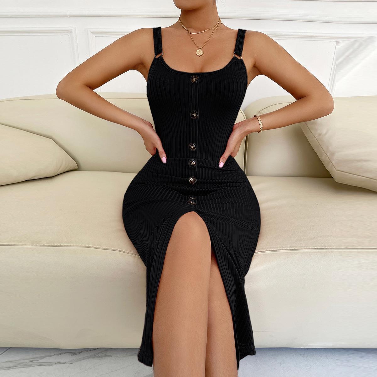 Knielanges Damenkleid mit Rippmuster und Knöpfen Modern