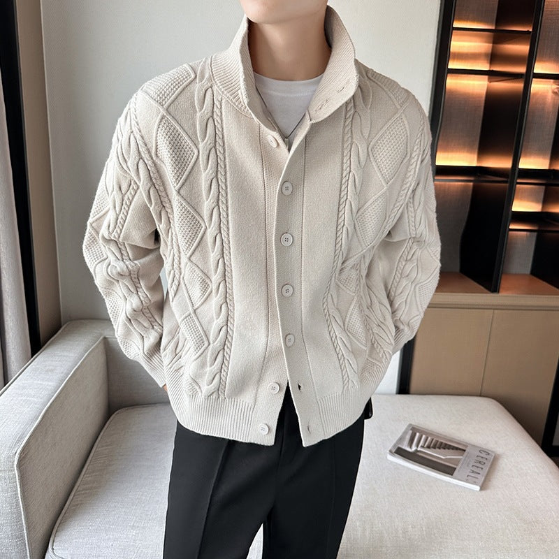 Modische Herren Strickjacke Zopfmuster Kragen Modern