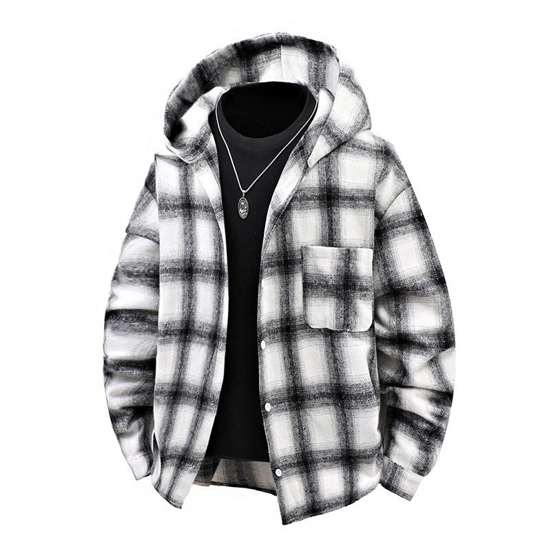 Herren Winterjacke Karomuster Kapuze Knöpfe Modern