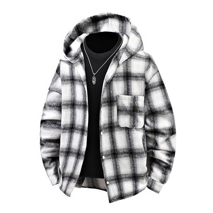 Herren Winterjacke Karomuster Kapuze Knöpfe Modern