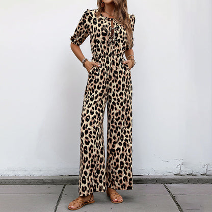 Damen Jumpsuit Leo-Print Schulterfrei Elegant