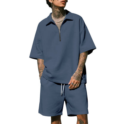 Herren Kurzarm-Set Bequem Modern Reißverschluss Shorts