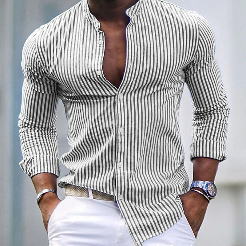 Herren Langarmhemd Modern Stehkragen Streifen Design