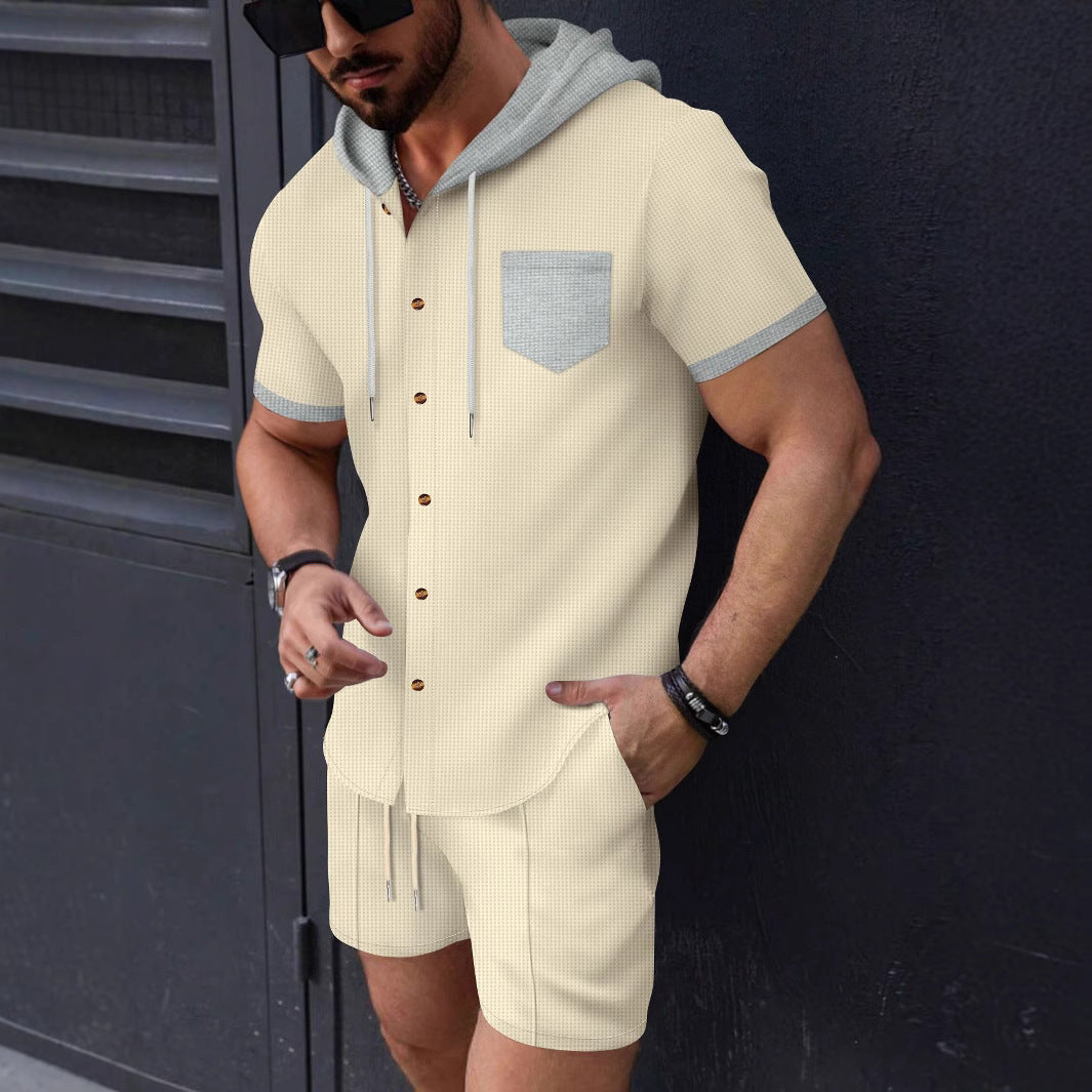 Herren Kurzarm-Hemd mit Shorts und Kapuze Sommer