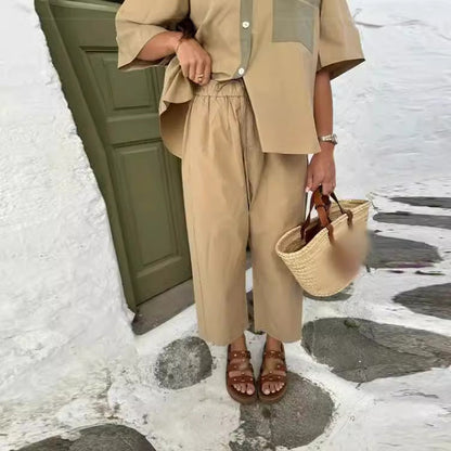 Damen Zweiteiler Lässig Chic mit Hemd und Weiten Hosen