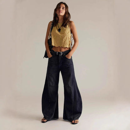 Damen Jeans Weite Bein Overdye Blau