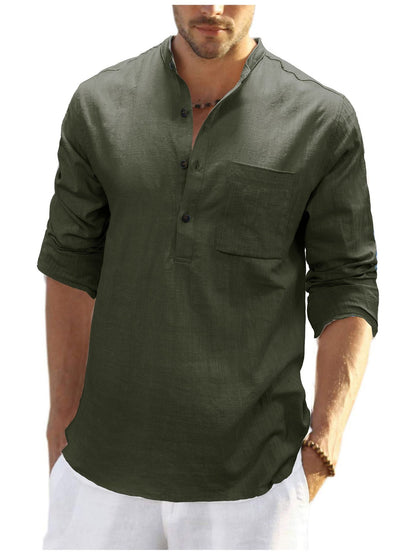 Herren Langarmshirt Leinen Mit Brusttasche Bequem