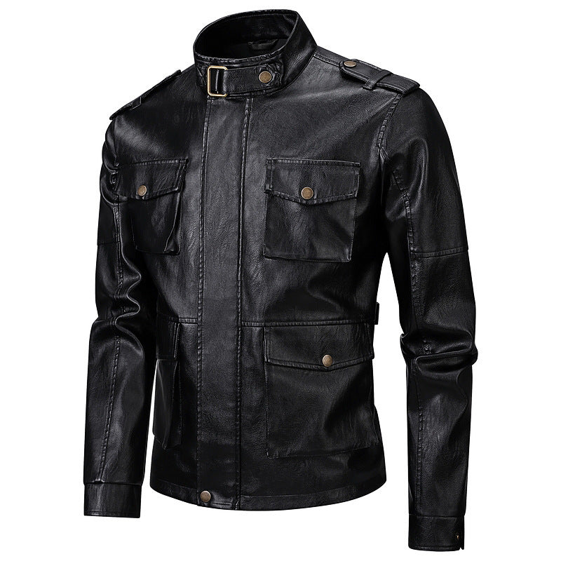 Herren Lederjacke Militärstyle mit Taschen und Hochkragen - BerlinGlamour