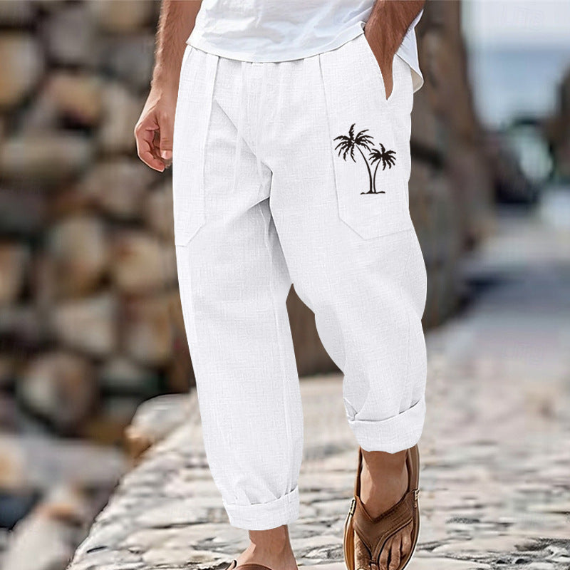 Herren Leinenhose Cargo Bequem mit Taschen Palmen-Muster