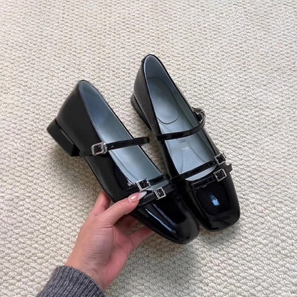 Damen Ballerinas Elegante Doppelriemen Schuhe Glänzend