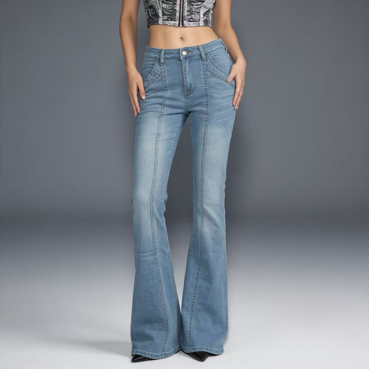 Damen Jeans Bootcut Hochbund Elegant Slim