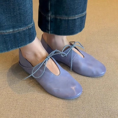 Damen Ballerinas Leder Bequem Schnüren