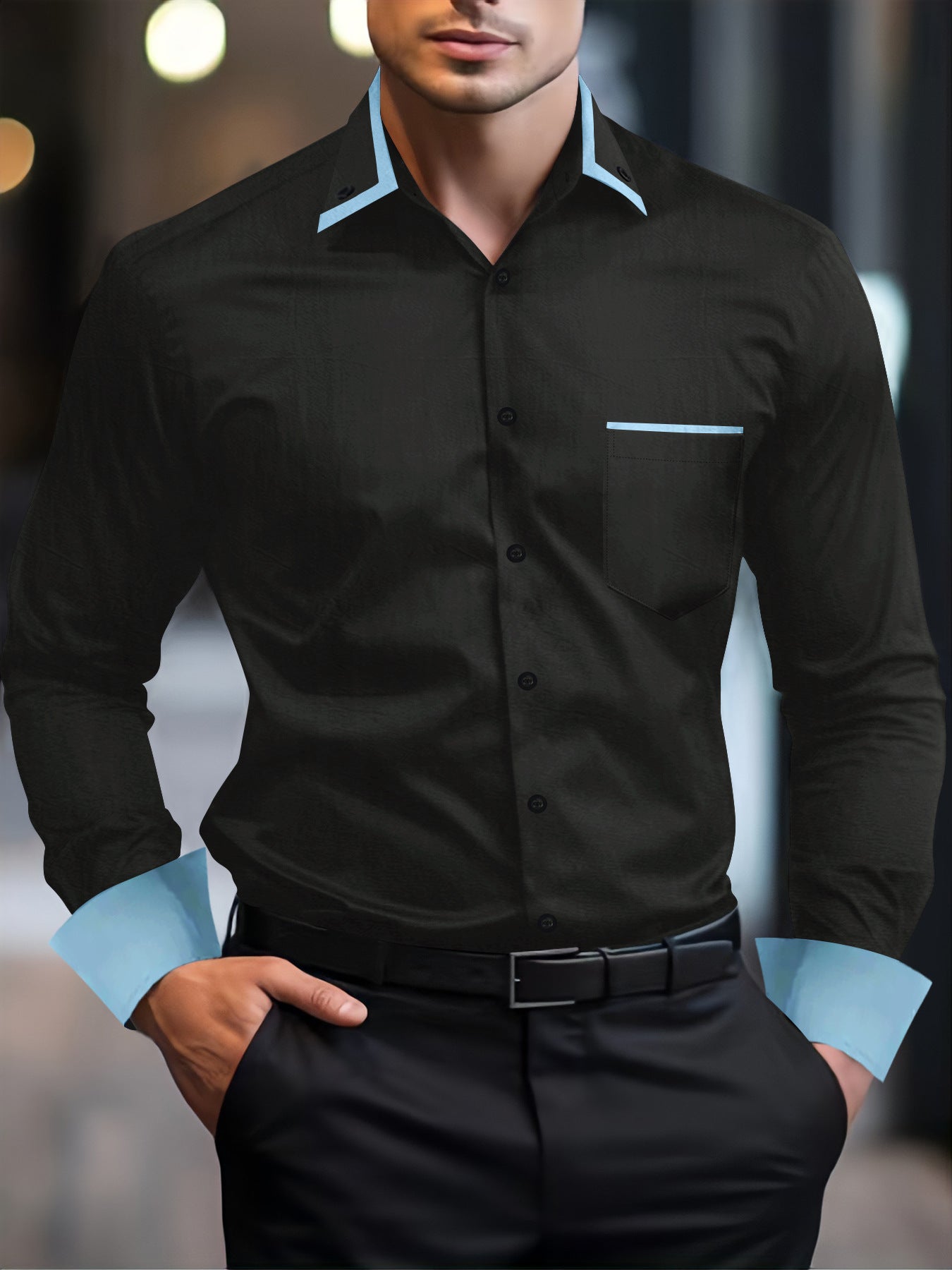 Herren Langarmhemd Modern mit Kontrastdetails Schwarz