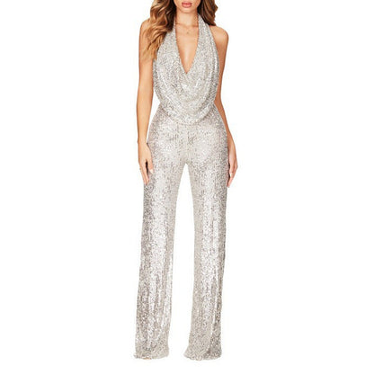 Damen Jumpsuit Glamourös mit Pailletten und V-Ausschnitt