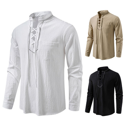 Herren Langarmshirt Modern Stehkragen Schnüren