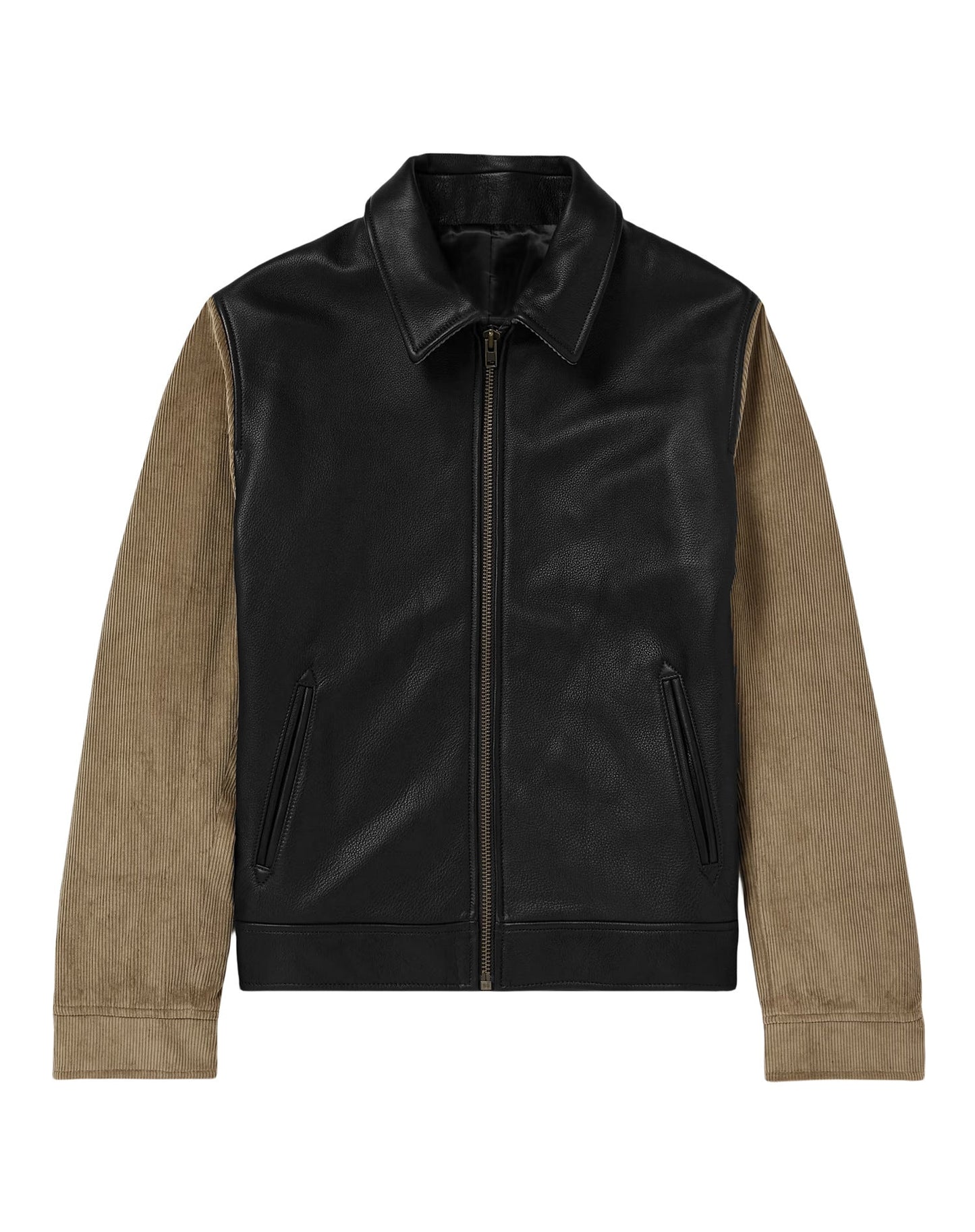 Herren Lederjacke Bikerstyle Mit Cord Ärmeln Elegant Schwarz