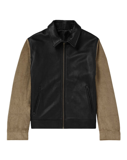 Herren Lederjacke Bikerstyle Mit Cord Ärmeln Elegant Schwarz