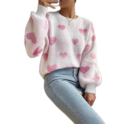 Damen Pullover Weites Herzenmuster Sweater Frauen