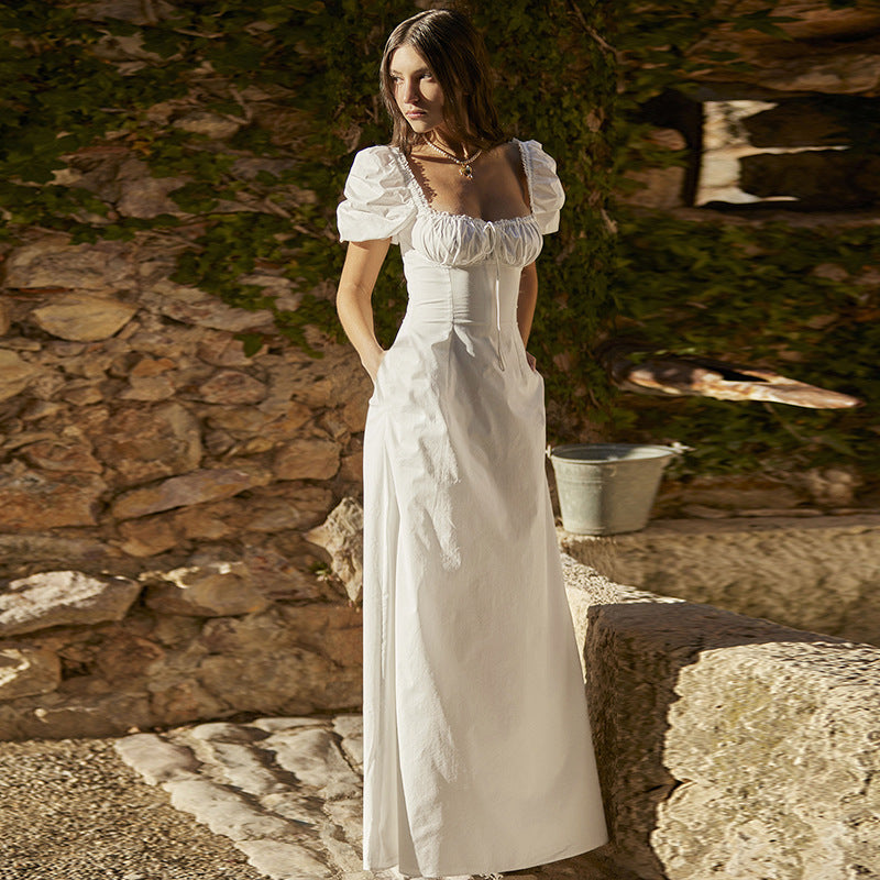 Damen Maxikleid Puffärmel Rüschen Detail Elegant - BerlinGlamour