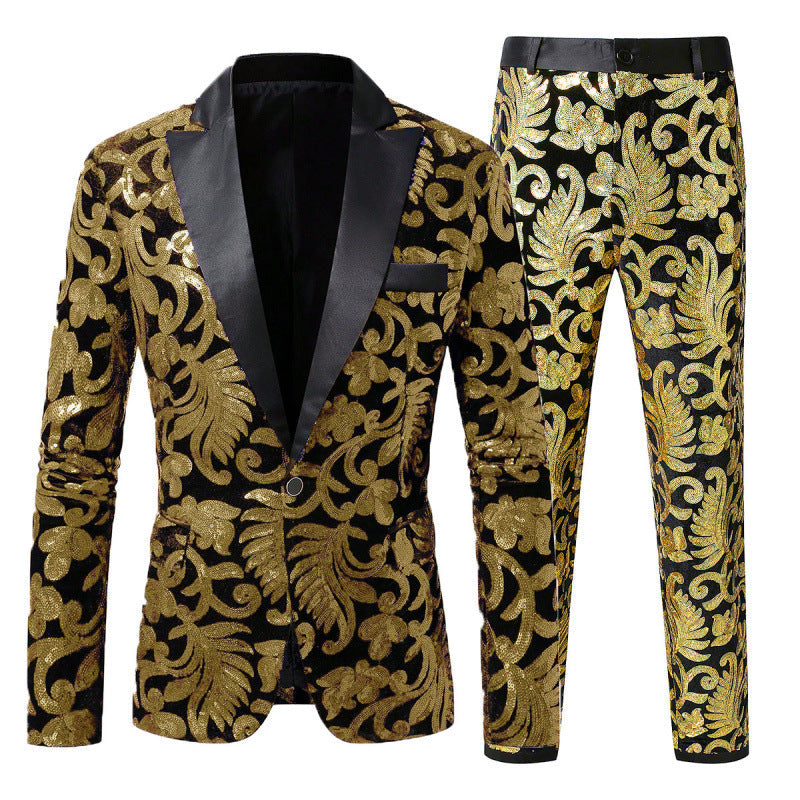 Eleganter Herren Smokingsanzug mit Pailletten und Blumenmuster