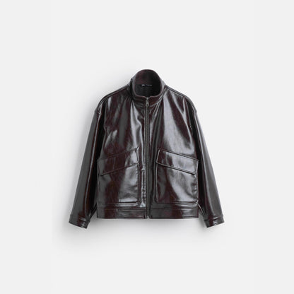 Herren Lederjacke Bikerstil mit Klappentaschen Schwarz