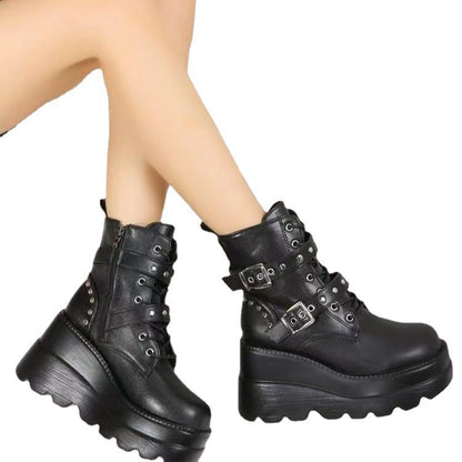 Damen Stiefeletten Wedge Absatz Schnalle Robust