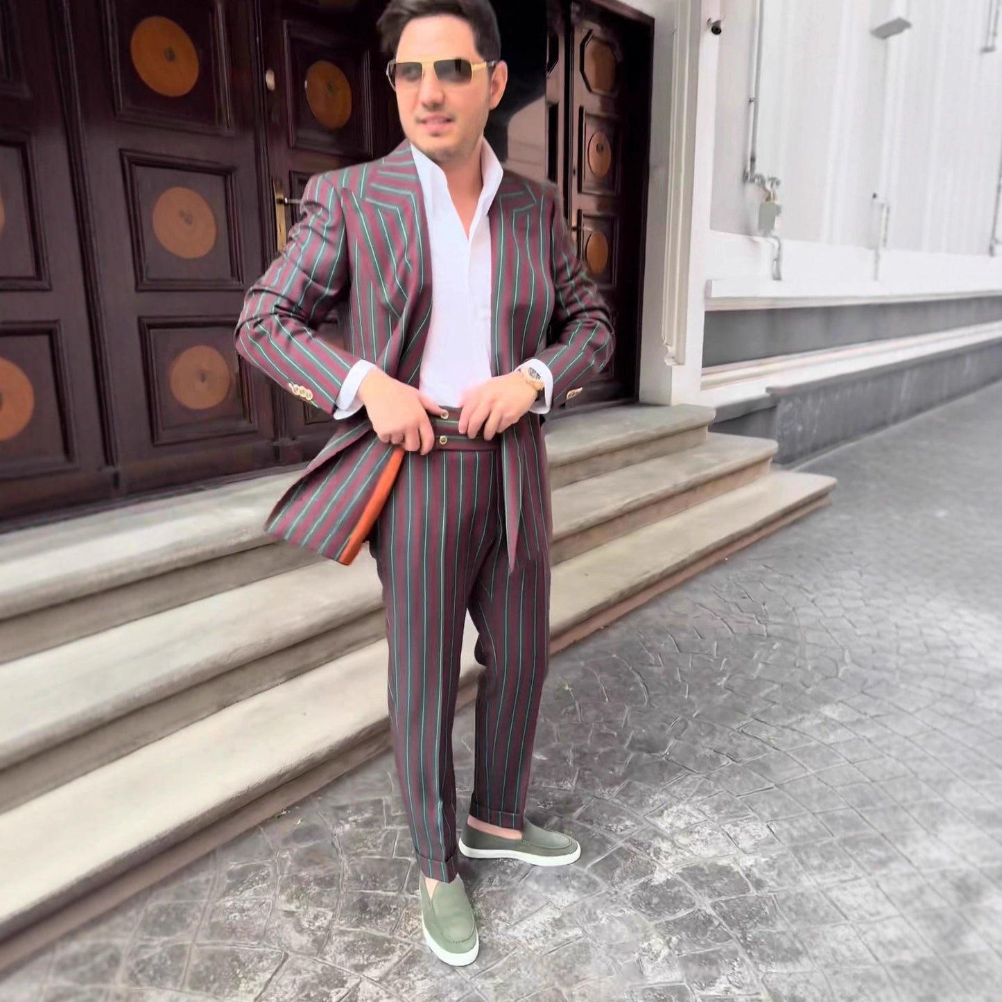 Herren Zweireiher Anzug Slim Fit mit Streifenmuster Modern