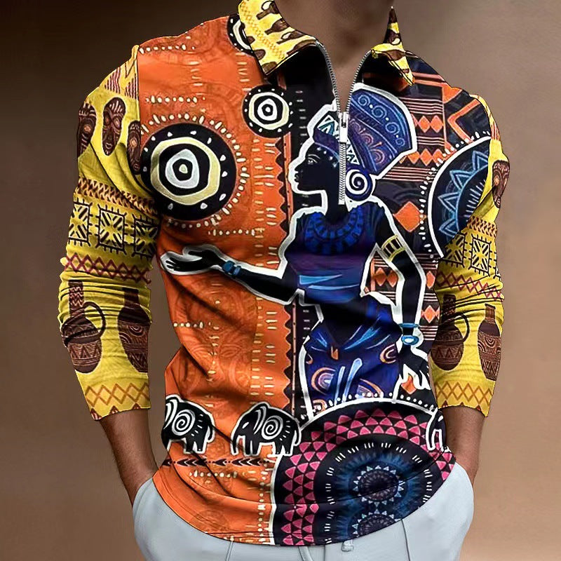 Herren Zip-Up Shirt Ethno Design Elastisch Modern