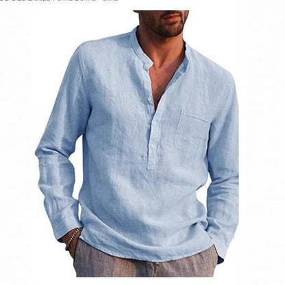 Herren Leinenhemd Modern mit Brusttasche und Henley Ausschnitt