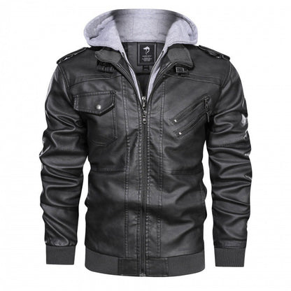 Herren Lederjacke Stylisch mit Kapuze und Taschen Schwarz