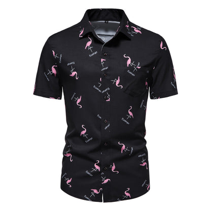 Herren Kurzarmhemd Flamingo Muster Sommer Modern