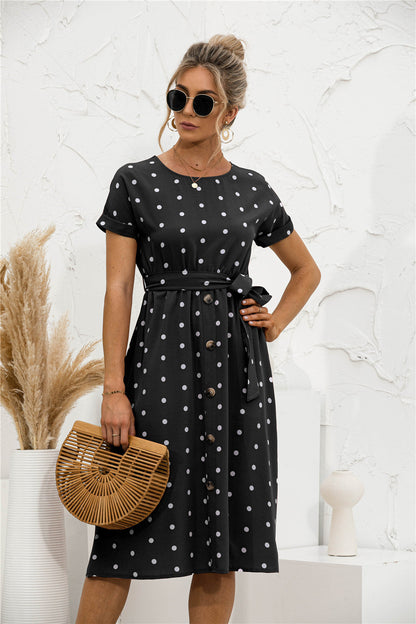 Damen Kleid mit Knöpfen Modernes Punkte-Design Schwarz