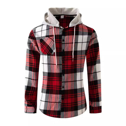 Herren Kapuzenhemd Kariert Freizeitshirt Modern