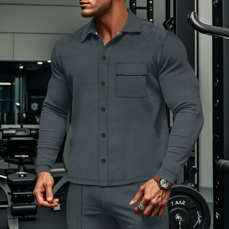 Herren Fitness Hemd Langarm mit Brusttasche Sportlich