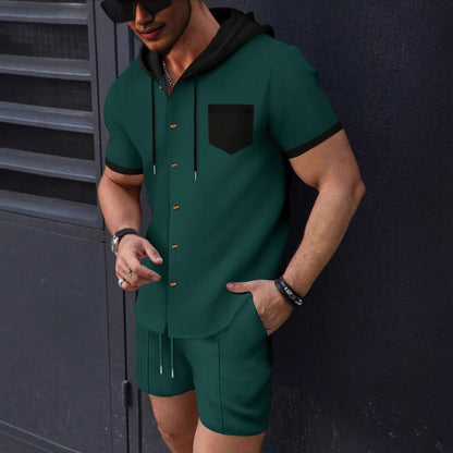 Herren Sportset Kurzarm Kapuze mit Druckknöpfen Casual