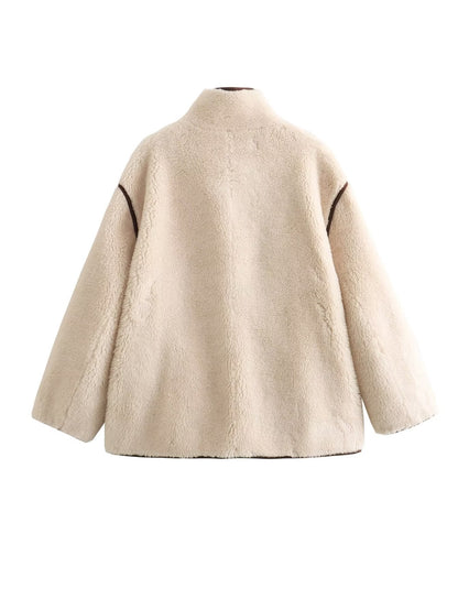 Damen Teddyjacke Stehkragen mit Taschen Warme Winterjacke