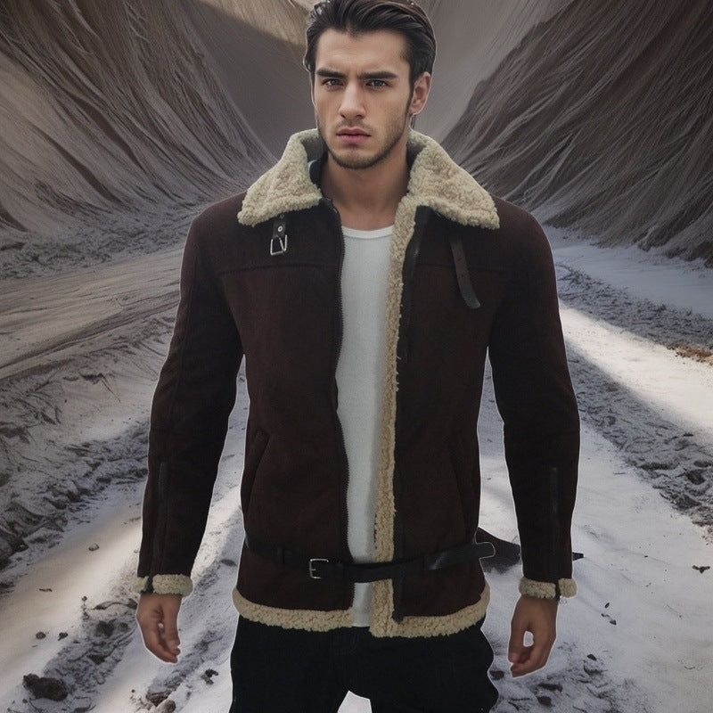 Herren Lammfelljacke Modern Abnehmbare Kapuze Schwarz
