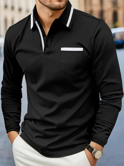 Herren Polohemd Langarm Modern Kontrastkragen Slimfit