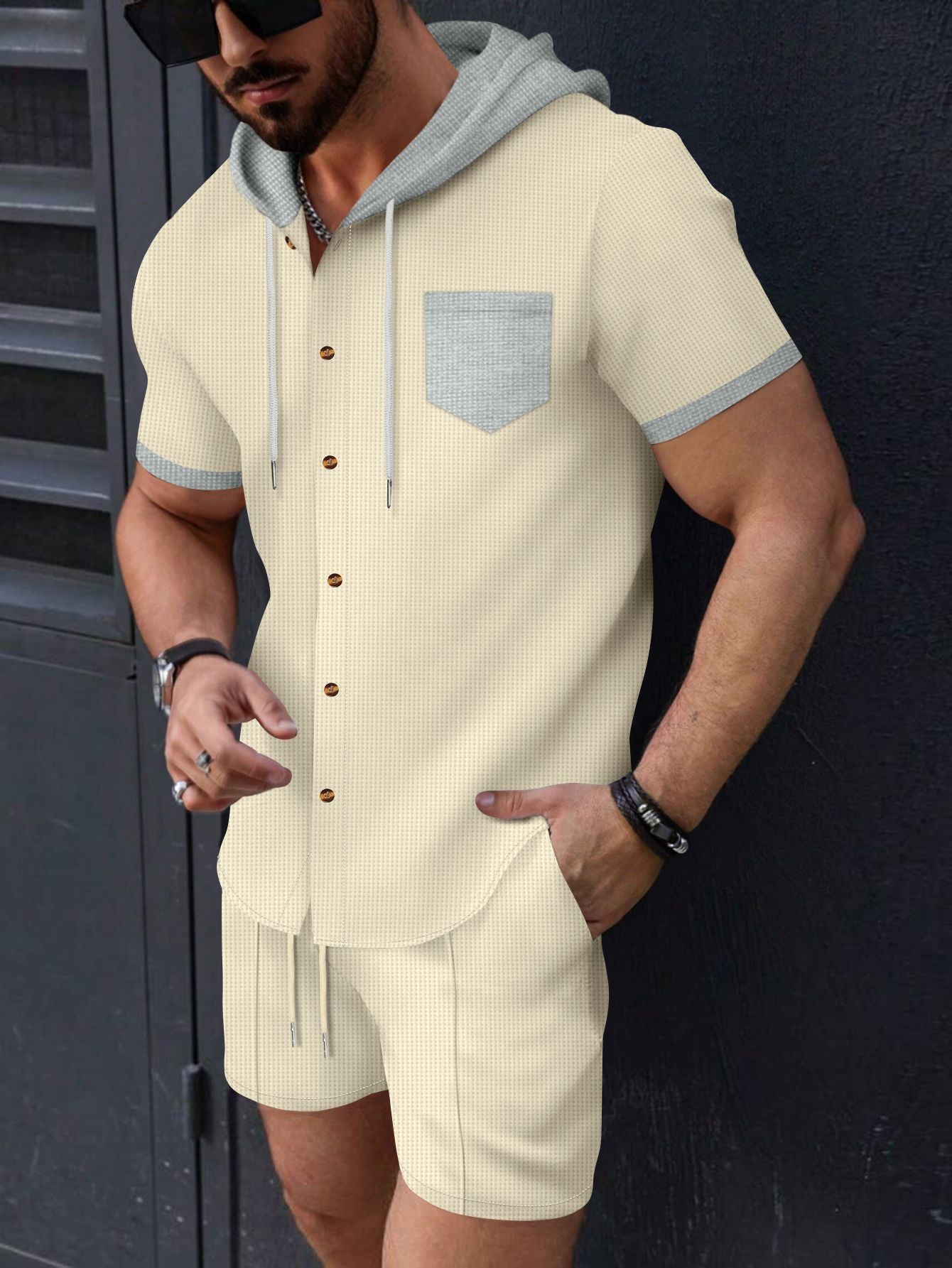 Herren Kurzarm-Hemd mit Shorts und Kapuze Sommer