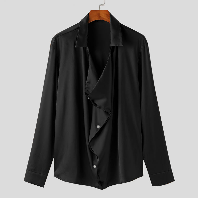 Herren Elegantes Langarmhemd mit drapierter Knopfleiste und seidigem Finish BerlinGlamour wird zu Elegantes Langarmhemd mit Knopfleiste