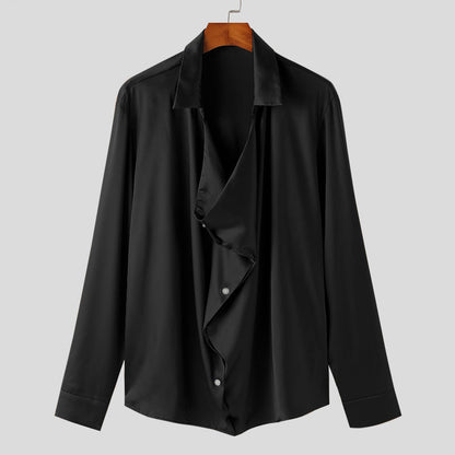 Herren Elegantes Langarmhemd mit drapierter Knopfleiste und seidigem Finish BerlinGlamour wird zu Elegantes Langarmhemd mit Knopfleiste