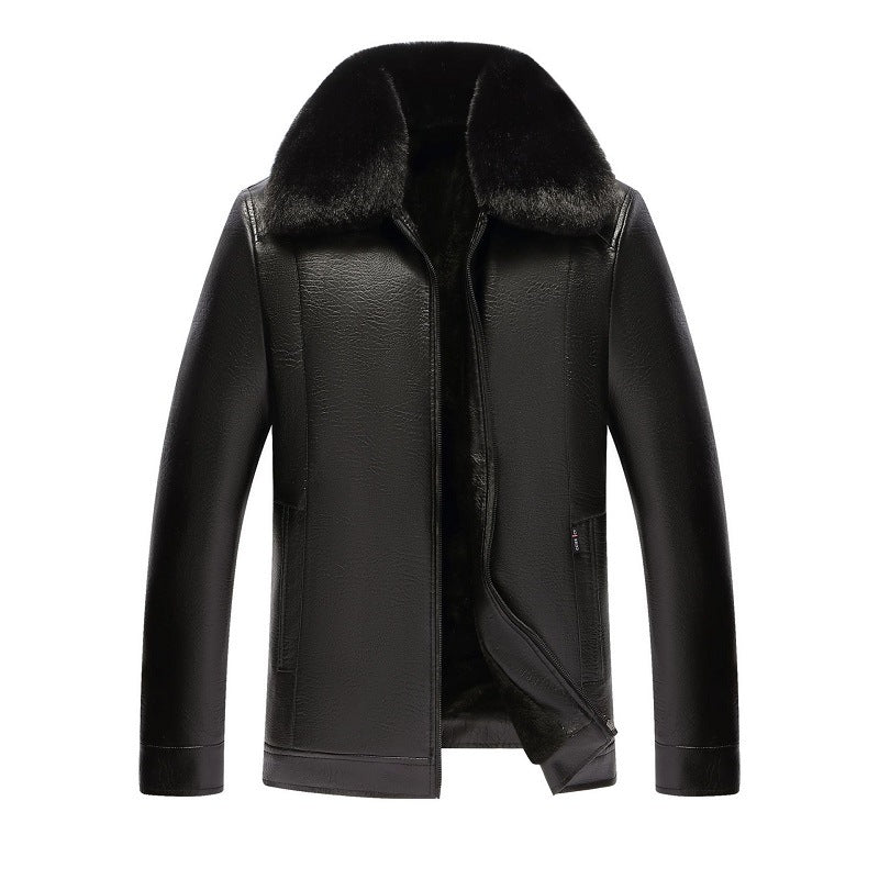 Herren Lederjacke Luxus Kunstfellkragen Modern Schwarzes Leder