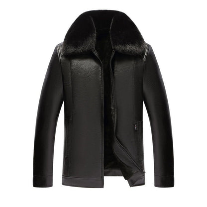 Herren Lederjacke Luxus Kunstfellkragen Modern Schwarzes Leder